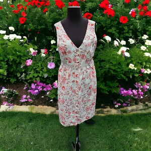 Cynthia Rowley Red Pink Floral Linen Dress Button Down V Neck Sleeveless Size 6